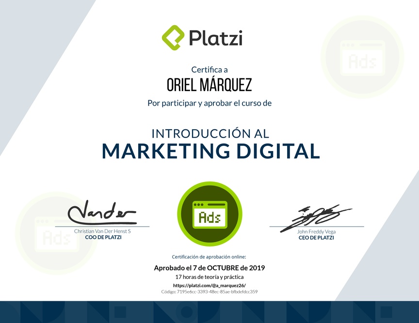 Diploma del Curso de Introducción al Marketing Digital (2018)