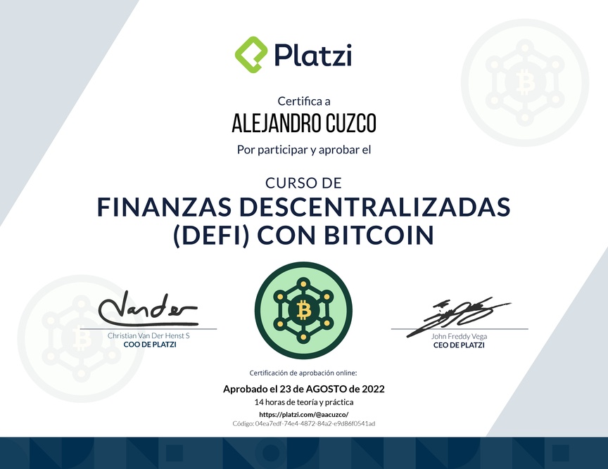 Diploma del Curso de Finanzas Descentralizadas con Bitcoin