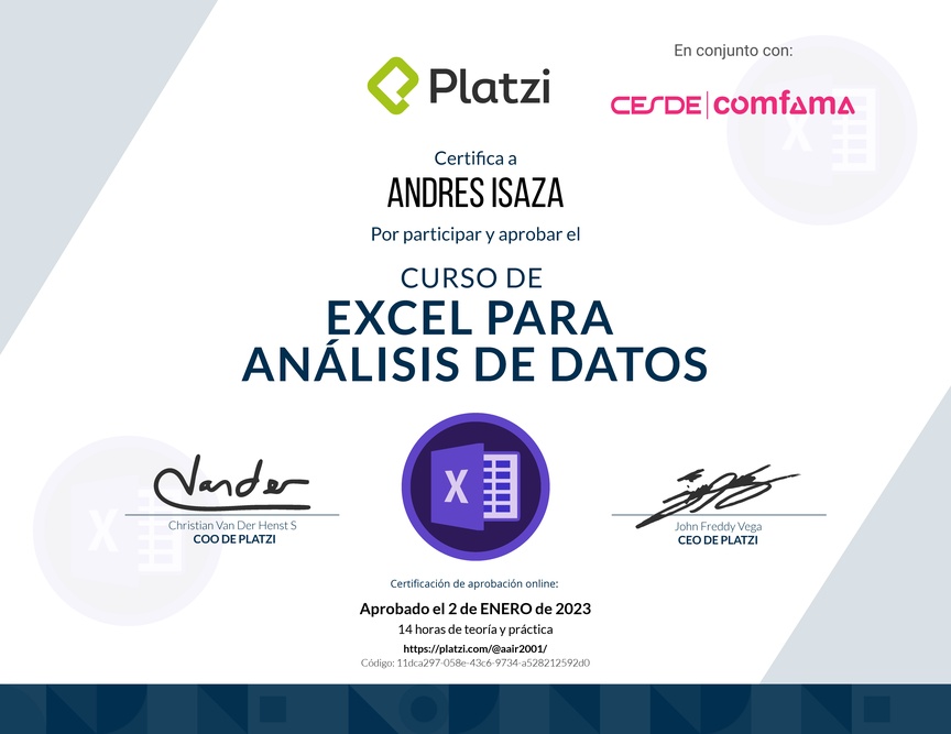 Diploma del Curso de Excel para el Análisis de Datos