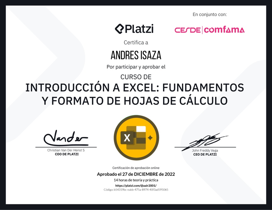 Diploma del Curso de Introducción a Excel para Principiantes: Fundamentos y Formato de Hojas de Cálculo