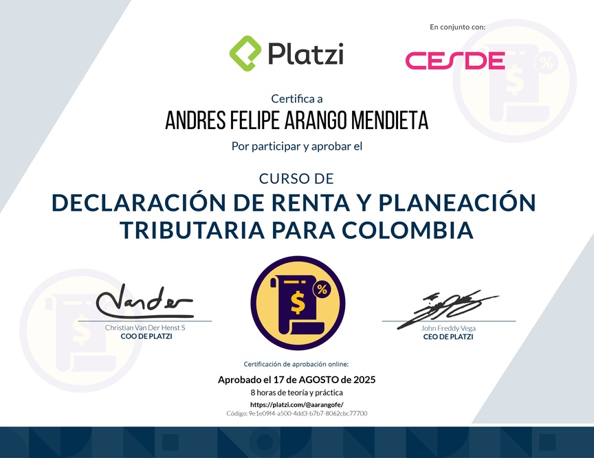 Diploma del Curso de Declaración de Renta y Planeación Tributaria para Colombia
