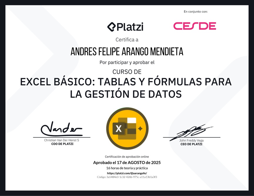 Diploma del Curso de Excel Básico: Tablas y Fórmulas para la Gestión de Datos