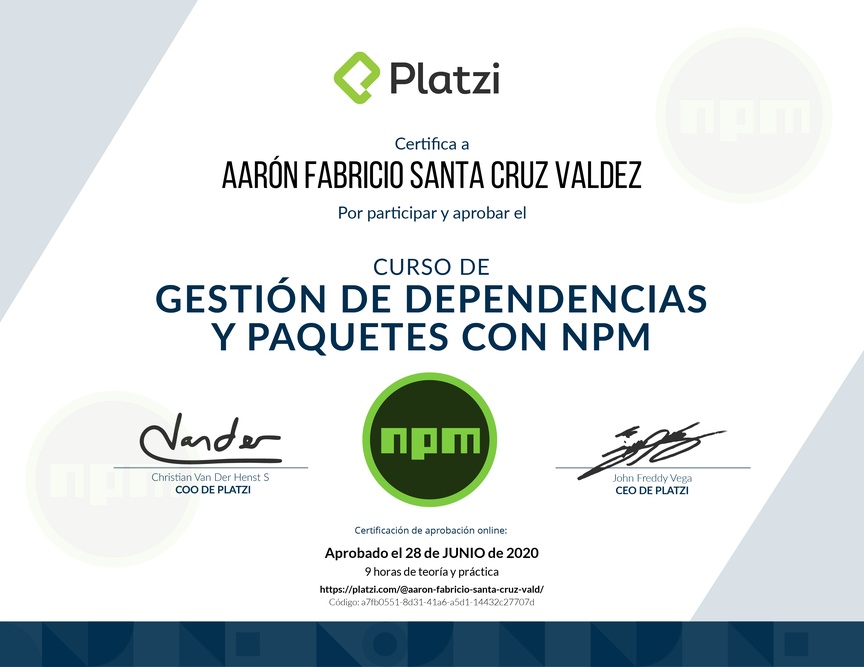 Diploma del Curso de Gestión de Dependencias y Paquetes con NPM