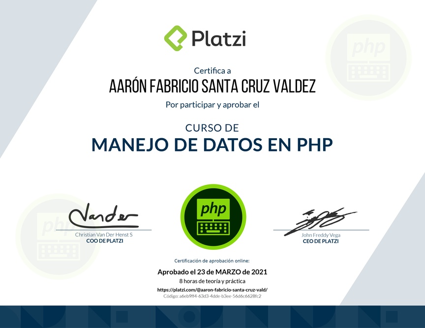 Diploma del Curso de Manejo de Datos en PHP