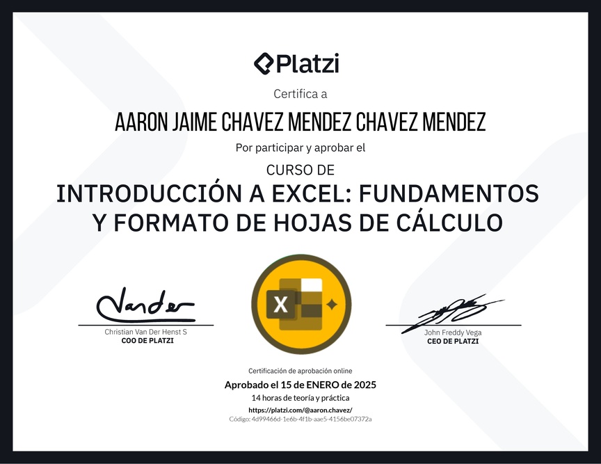 Diploma del Curso de Introducción a Excel para Principiantes: Fundamentos y Formato de Hojas de Cálculo