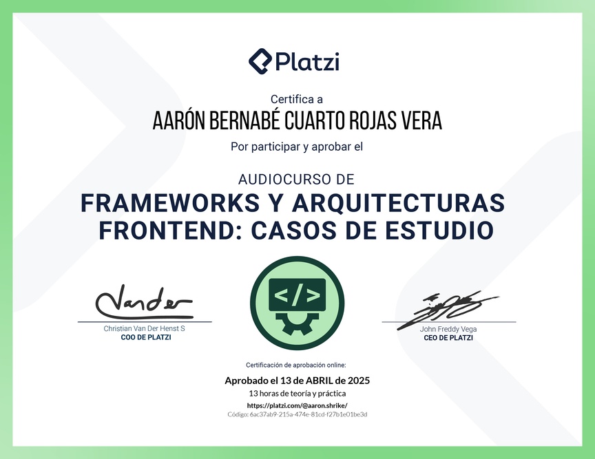 Diploma de Audiocurso de Frameworks y Arquitecturas Frontend: Casos de Estudio