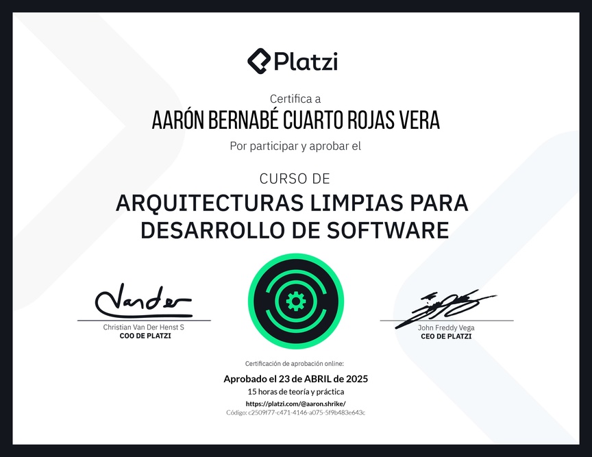 Diploma del Curso de Arquitecturas Limpias para Desarrollo de Software