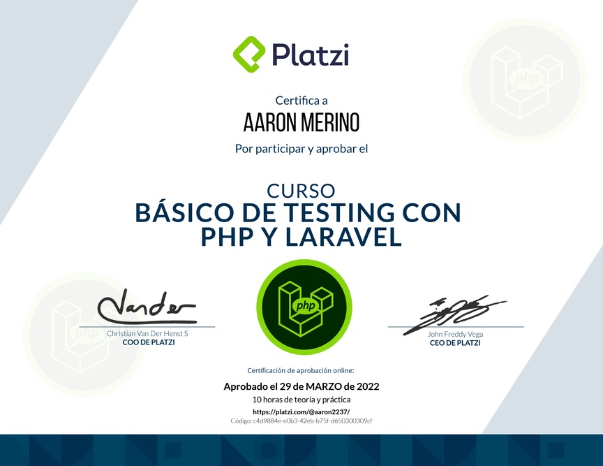 Diploma del Curso Básico de Testing con PHP y Laravel