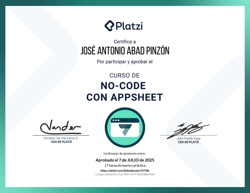 Diploma del Curso de No-Code con Appsheet