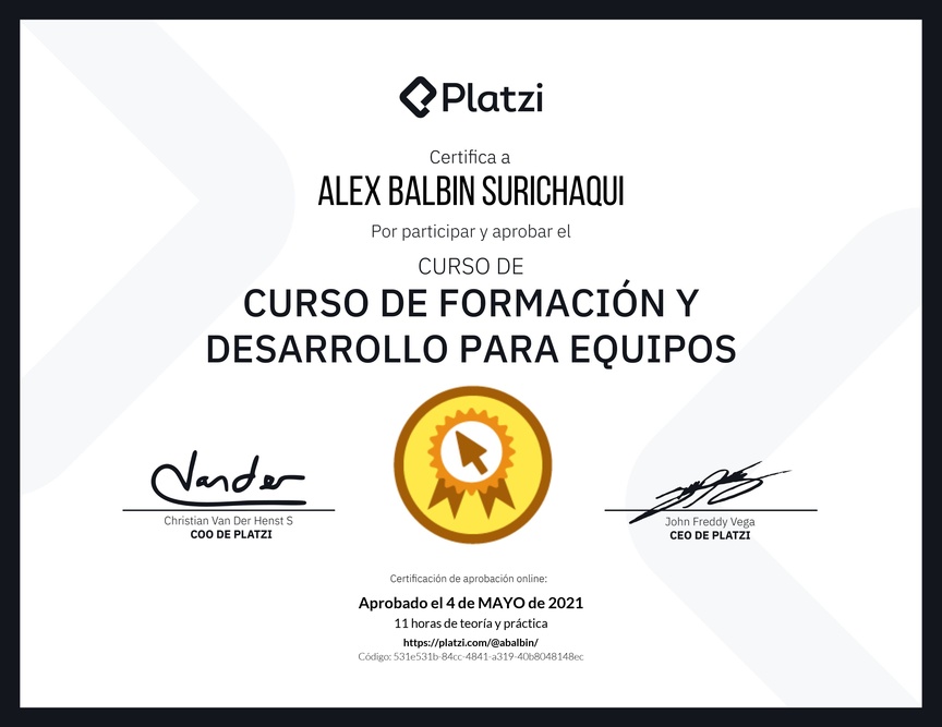 Diploma del Curso de Formación y Desarrollo para Equipos