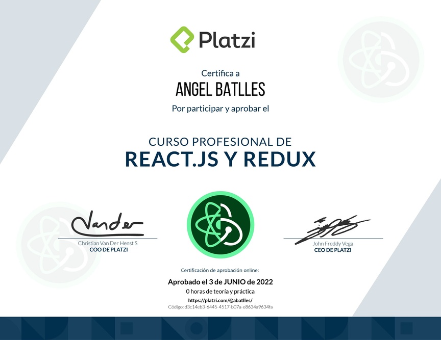 Diploma del Curso Profesional de React.js y Redux
