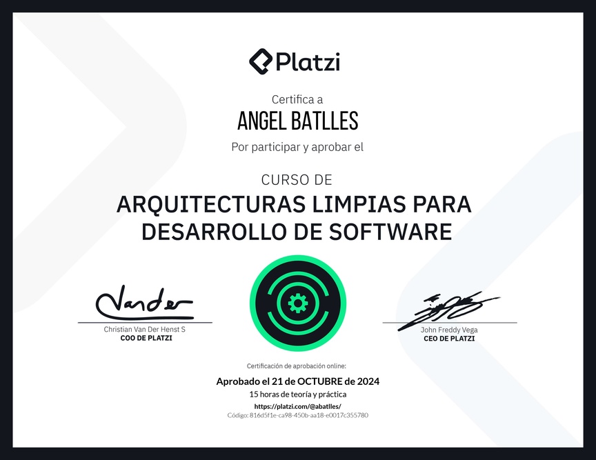Diploma del Curso de Arquitecturas Limpias para Desarrollo de Software