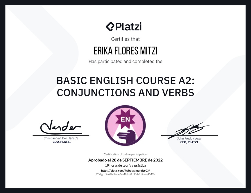 Diploma del Curso de Inglés Básico A2: Conjunciones y Verbos
