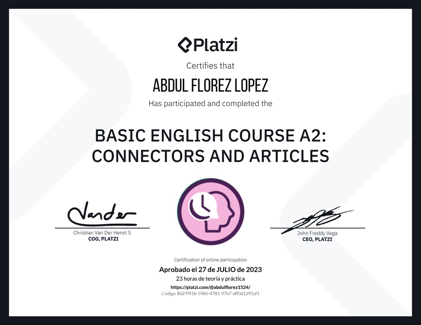 Diploma del Curso de Inglés Básico A2: Conectores y Artículos