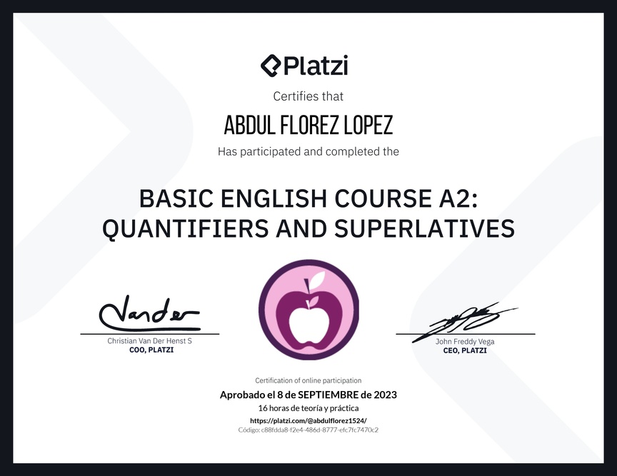 Diploma del Curso de Inglés Básico A2: Cuantificadores y Superlativos