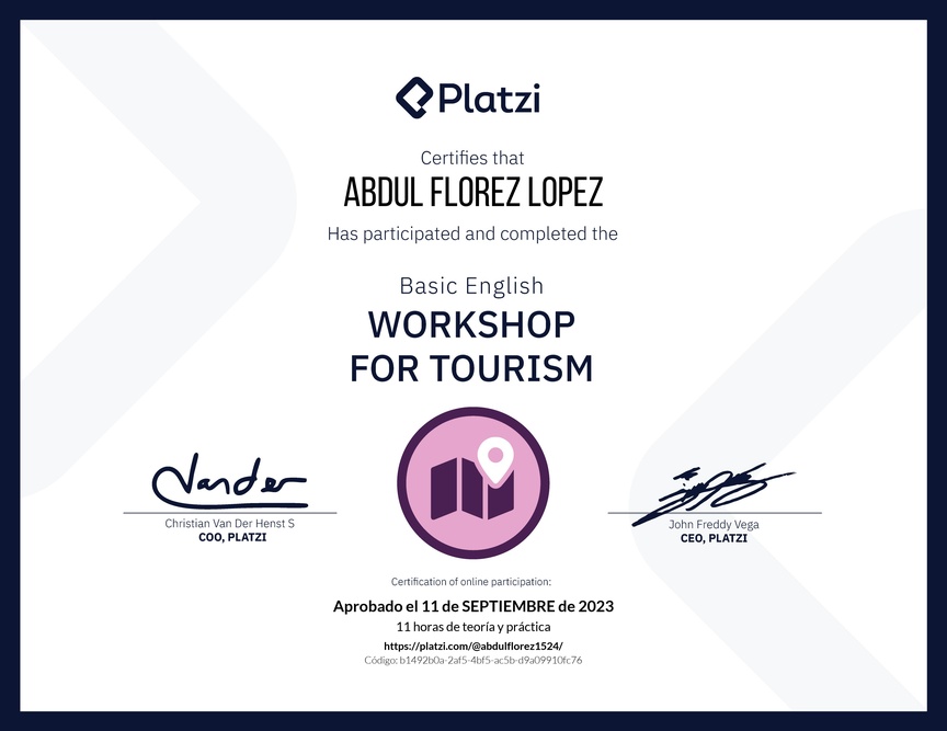 Diploma del Curso de Inglés Práctico para Viajes de Turismo