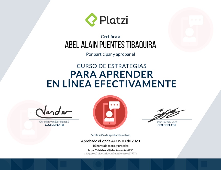 Diploma del Curso de Estrategias para Aprender en Línea Efectivamente 2019