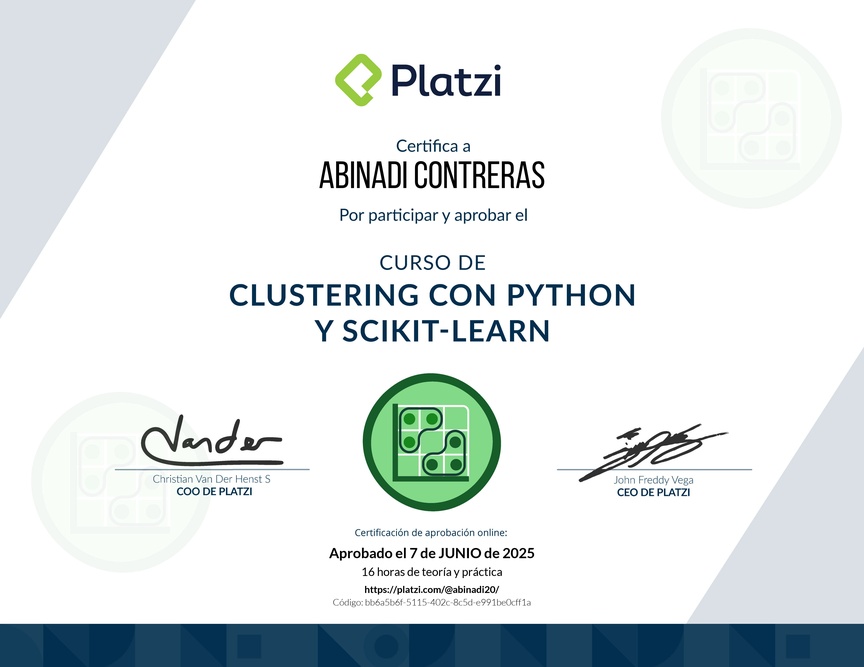 Diploma del Curso de Clustering con Python y scikit-learn