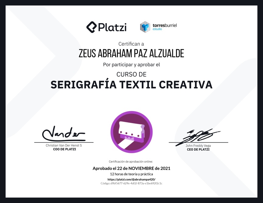 Diploma del Curso de Serigrafía Textil Creativa