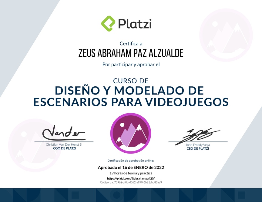 Diploma del Curso de Diseño y Modelado en Videojuegos