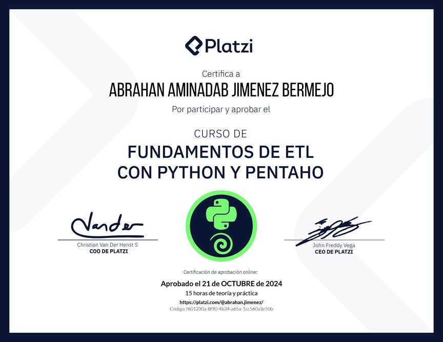 Diploma del Curso de Fundamentos de ETL con Python y Pentaho