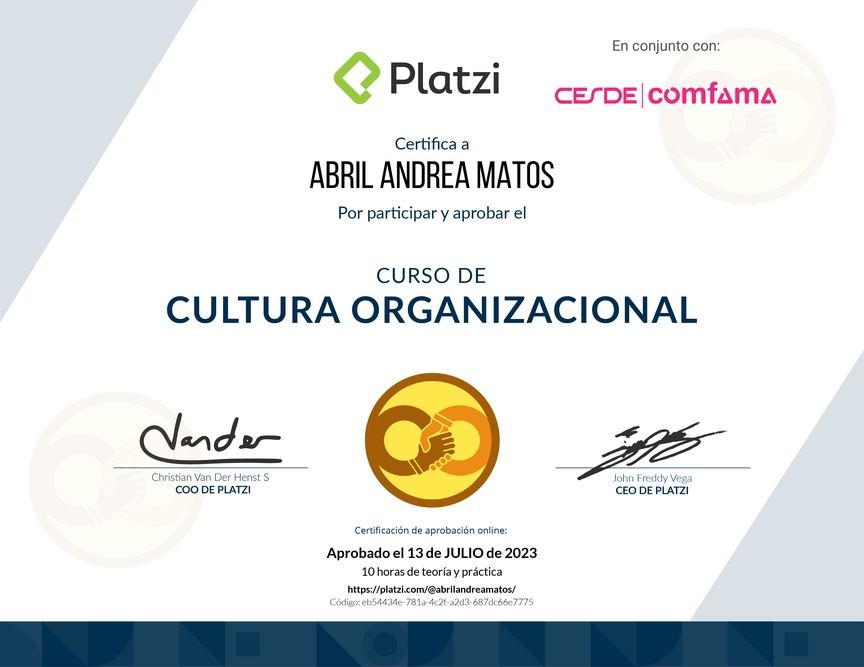 Diploma del Curso de Cultura Organizacional para Diagnosticar y Potenciar el Desarrollo de tu Empresa