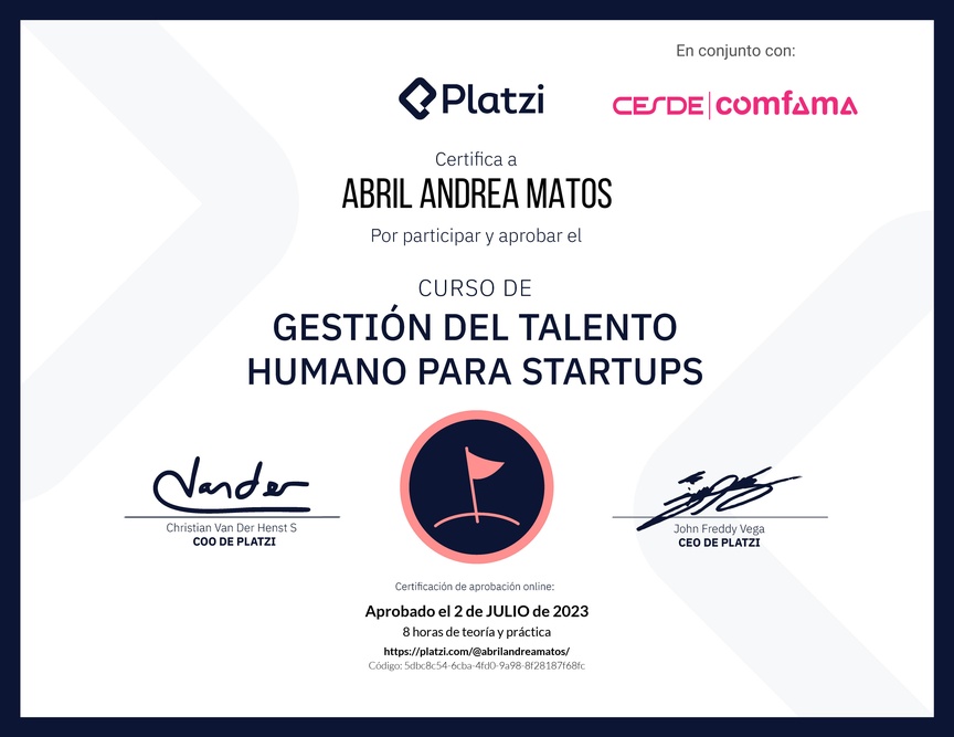 Diploma del Curso de Gestión del Talento Humano para Startups