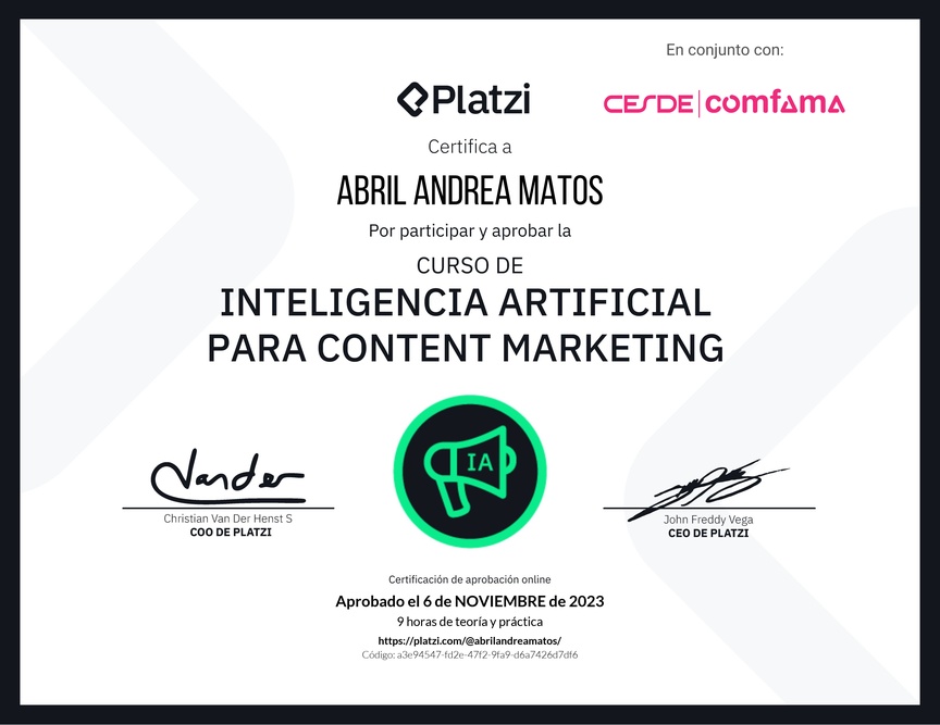 Diploma del Curso de Inteligencia Artificial para Content Marketing