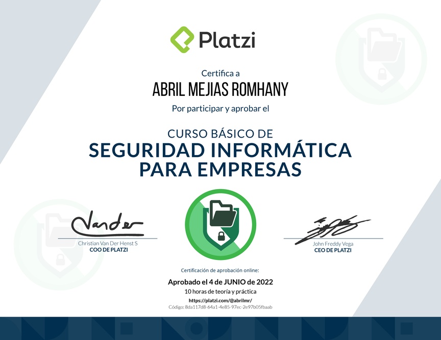 Diploma del Curso Básico de Seguridad Informática para Empresas