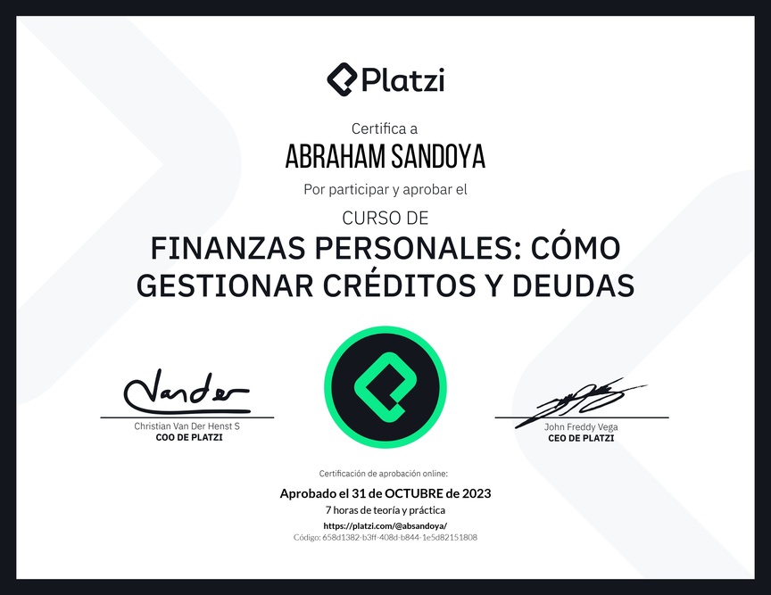 Diploma del Curso de Finanzas Personales: Cómo Gestionar Créditos y Deudas