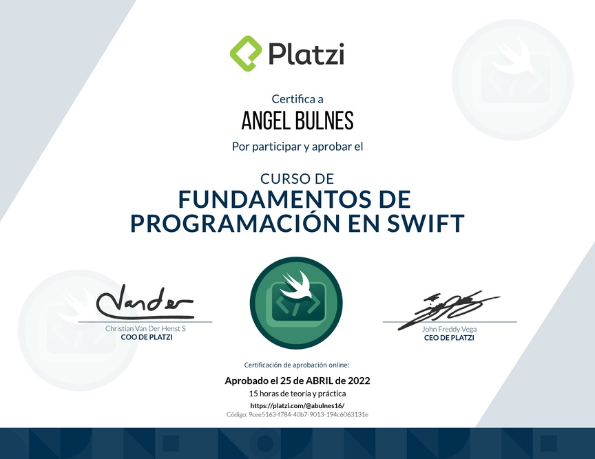Diploma del Curso de Introducción a Swift (2019)