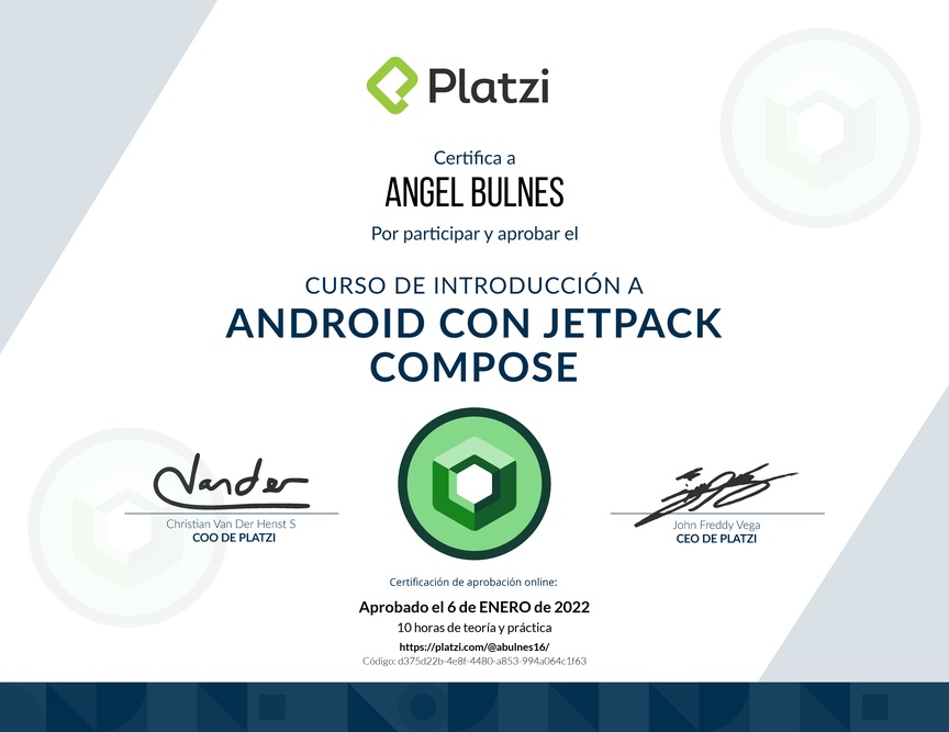 Diploma del Curso de Introducción a Android con Jetpack Compose - 2021