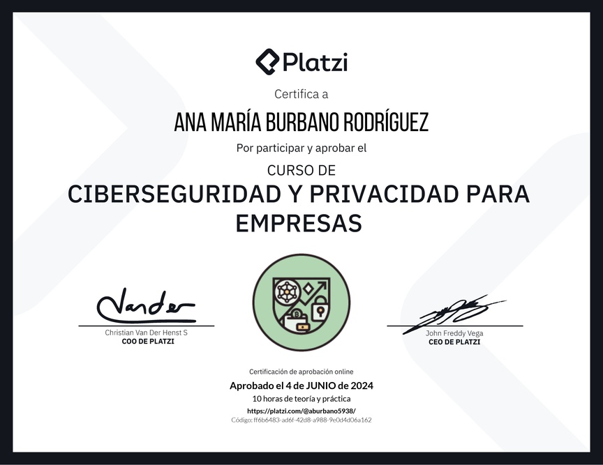 Diploma del Curso de Ciberseguridad y Privacidad Empresarial (2023)