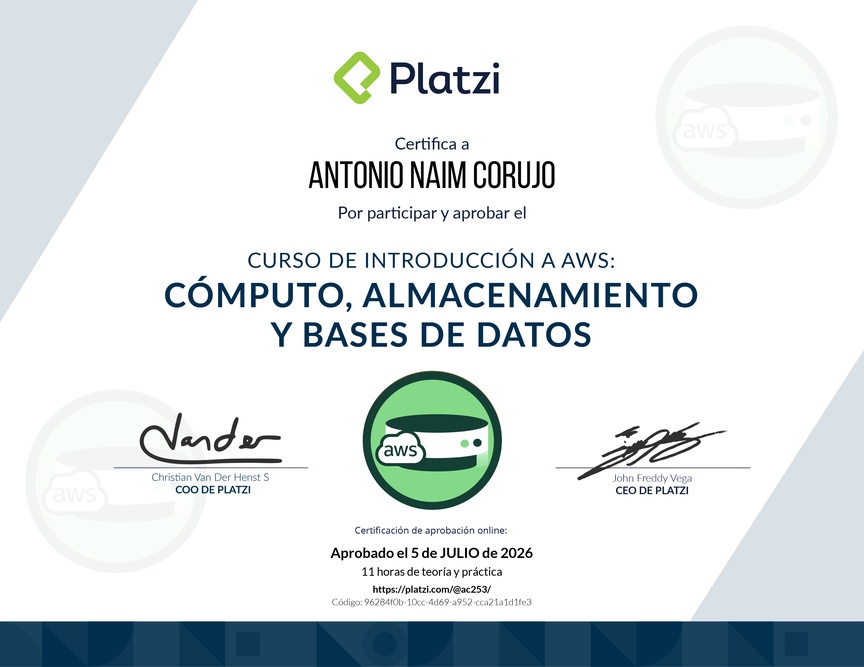Diploma del Curso de Introducción a AWS: Cómputo, Almacenamiento y Bases de Datos