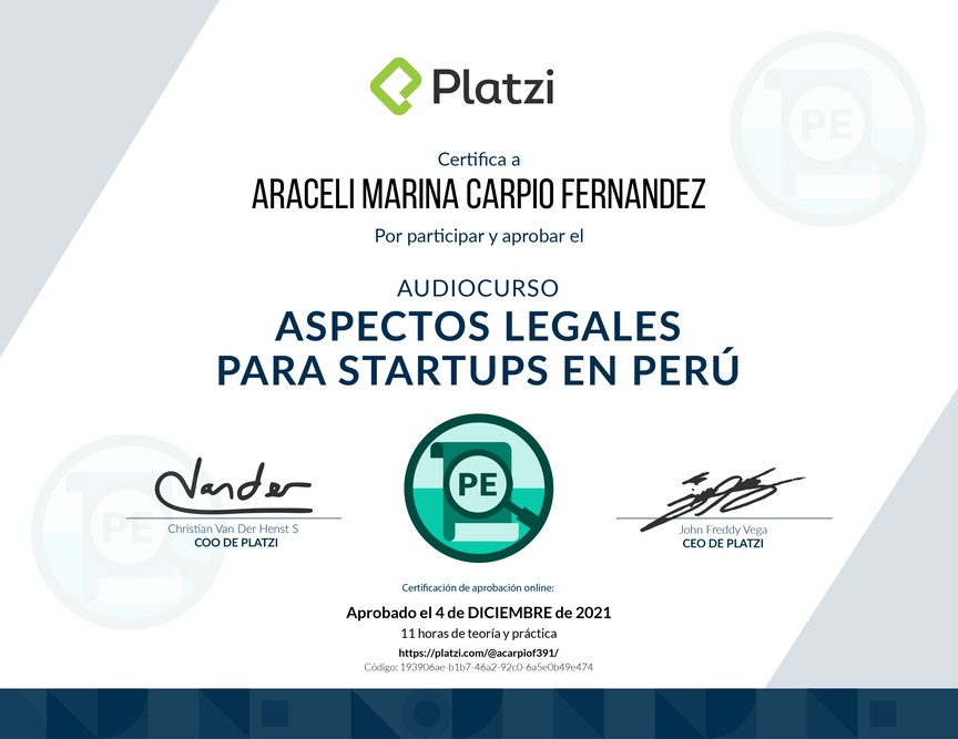 Diploma de Audiocurso Aspectos Legales para Startups en Perú