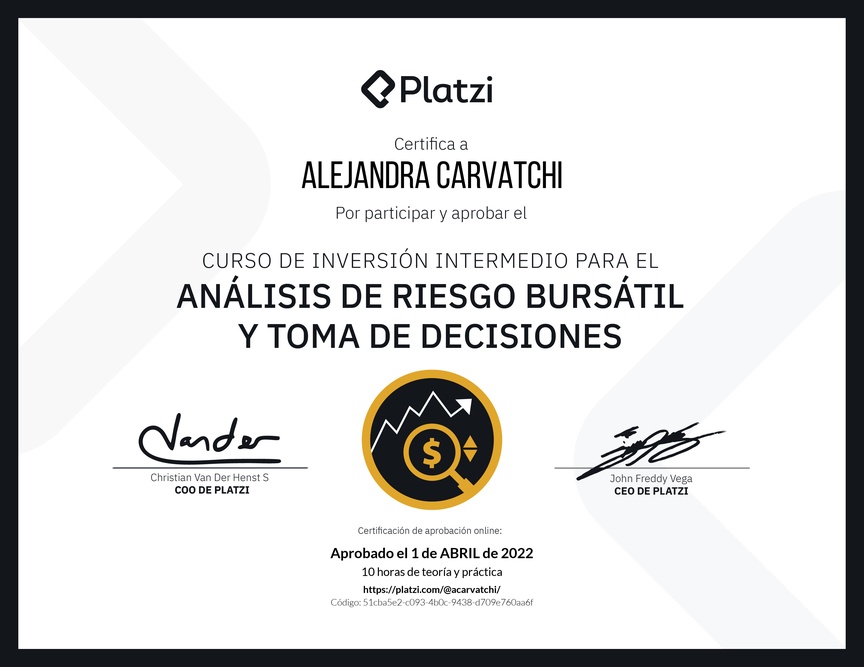Diploma del Curso de Inversión Intermedio para el Análisis de Riesgo Bursátil y Toma de Decisiones
