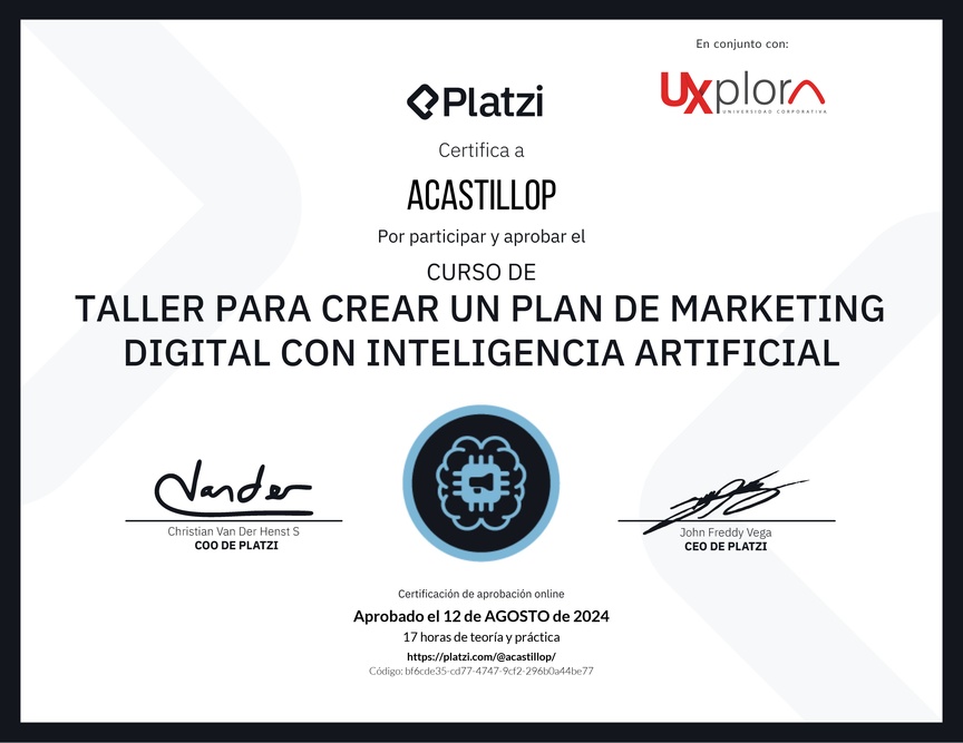 Diploma de Taller para Crear un Plan de Marketing Digital con Inteligencia Artificial