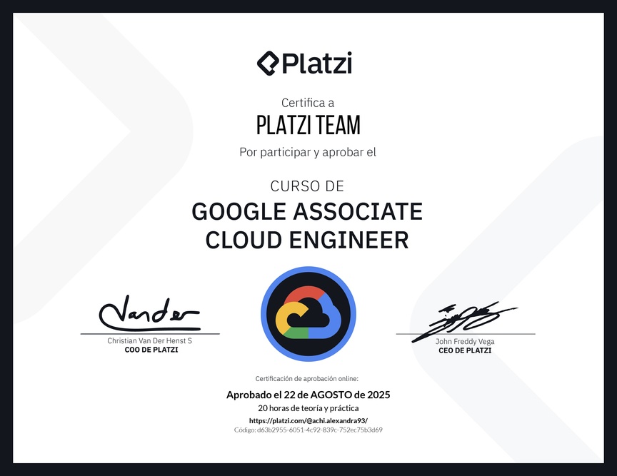 Diploma del Curso de Google Associate Cloud Engineer Certification