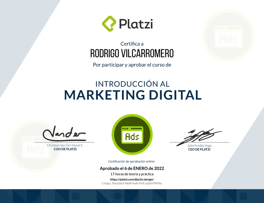 Diploma del Curso de Introducción al Marketing Digital (2018)