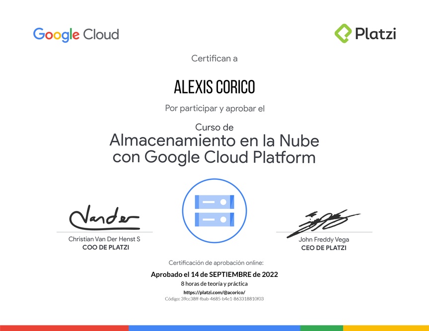 Diploma del Curso de Almacenamiento en la Nube con Google Cloud Platform