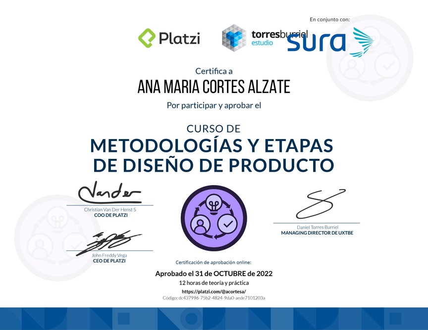 Diploma del Curso de Metodologías de Diseño de Productos Digitales