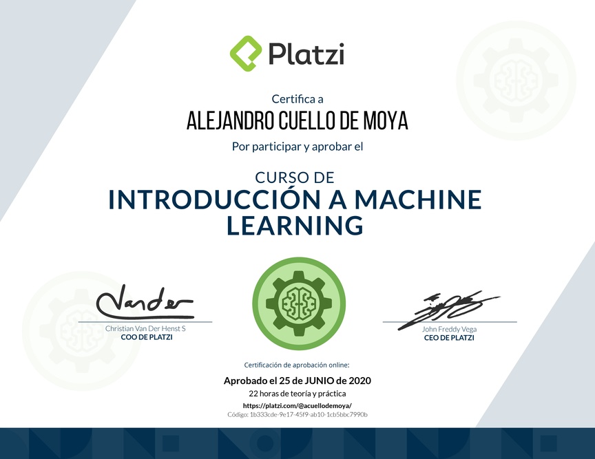 Diploma del Curso de Introducción a Machine Learning 2019