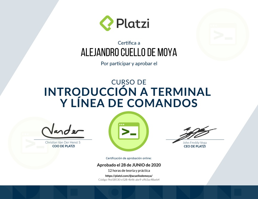 Diploma del Curso de Introducción a la Terminal y Línea de Comandos 2019