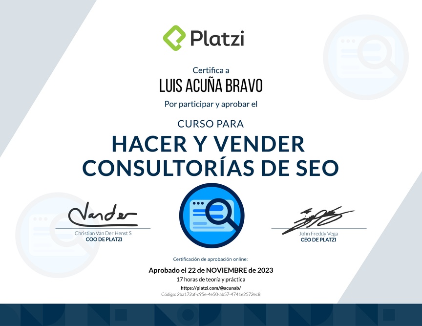 Diploma del Curso de Desarrollo de Consultorías SEO