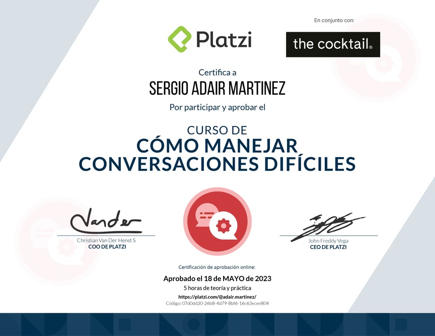 Diploma del Curso de Cómo Manejar Conversaciones Difíciles con Clientes