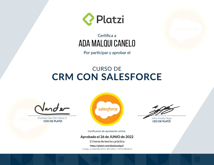 Diploma del Curso de CRM con Salesforce
