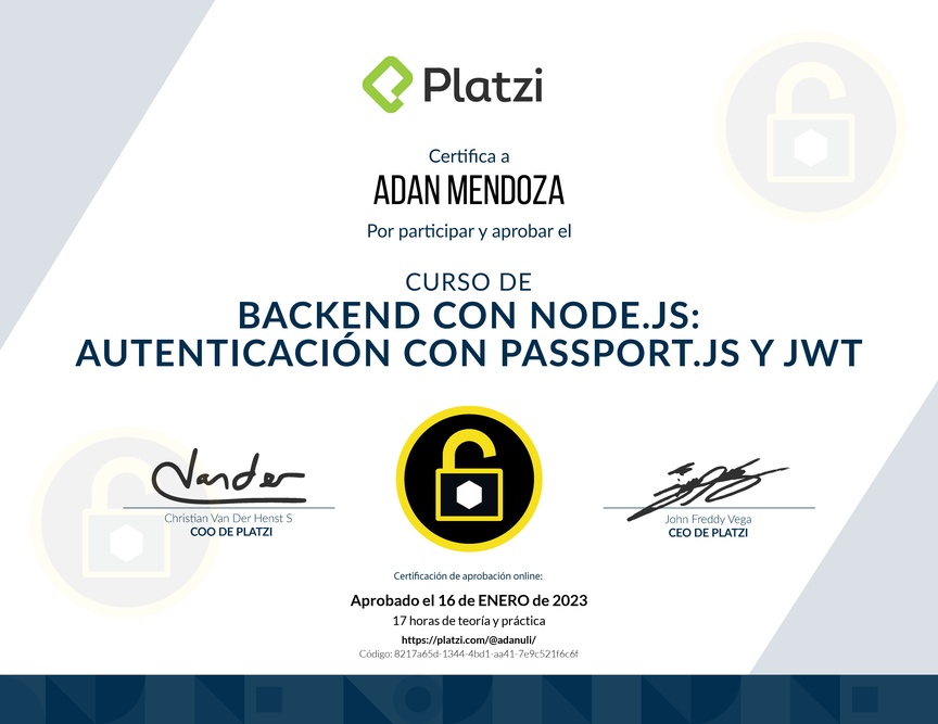 Diploma del Curso de Backend con Node.js: Autenticación con Passport.js y JWT