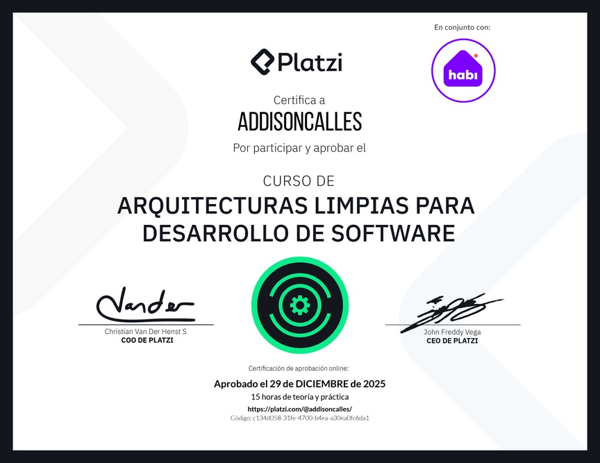Diploma del Curso de Arquitecturas Limpias para Desarrollo de Software