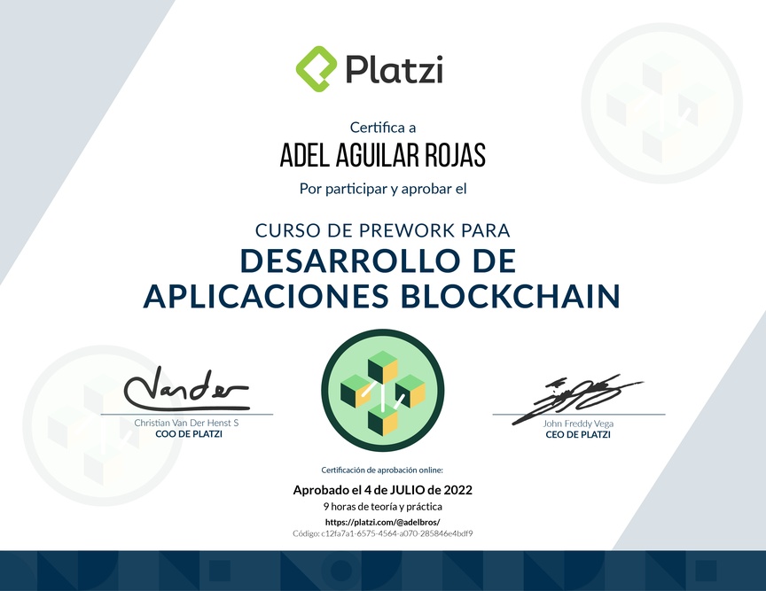 Diploma del Curso de Prework para Desarrollo de Aplicaciones Blockchain 2021