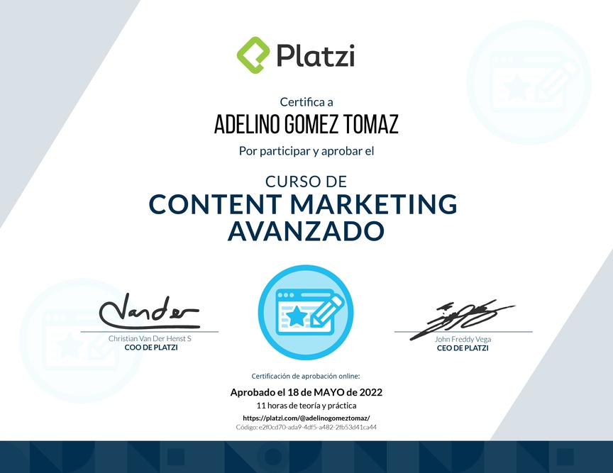 Diploma del Curso de Desarrollo de Estrategias de Content Marketing